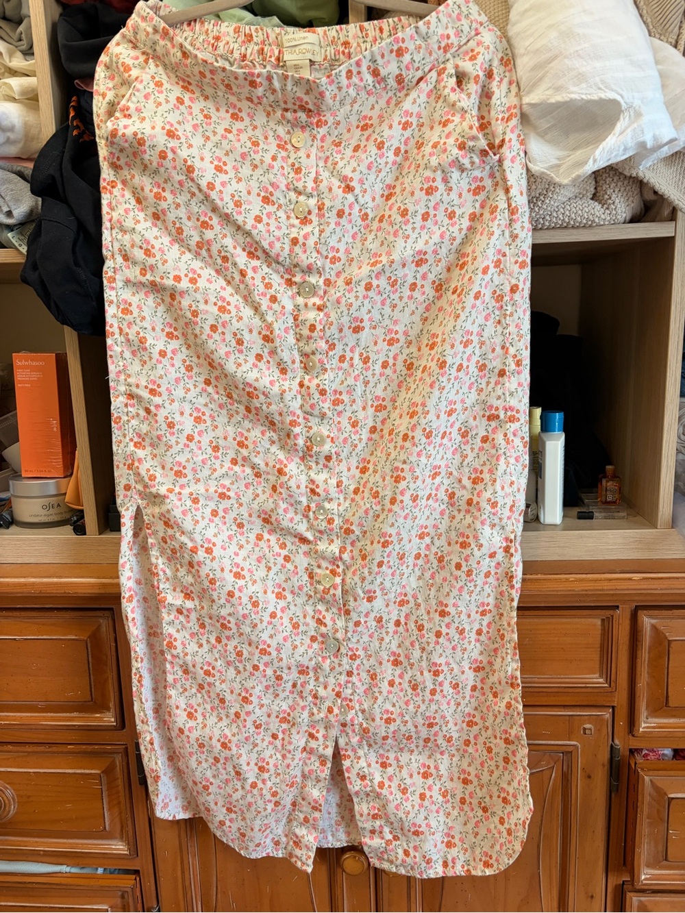 Cynthia Rowley Cream Linen Midi Skirt with Pink & Orange Floral Print